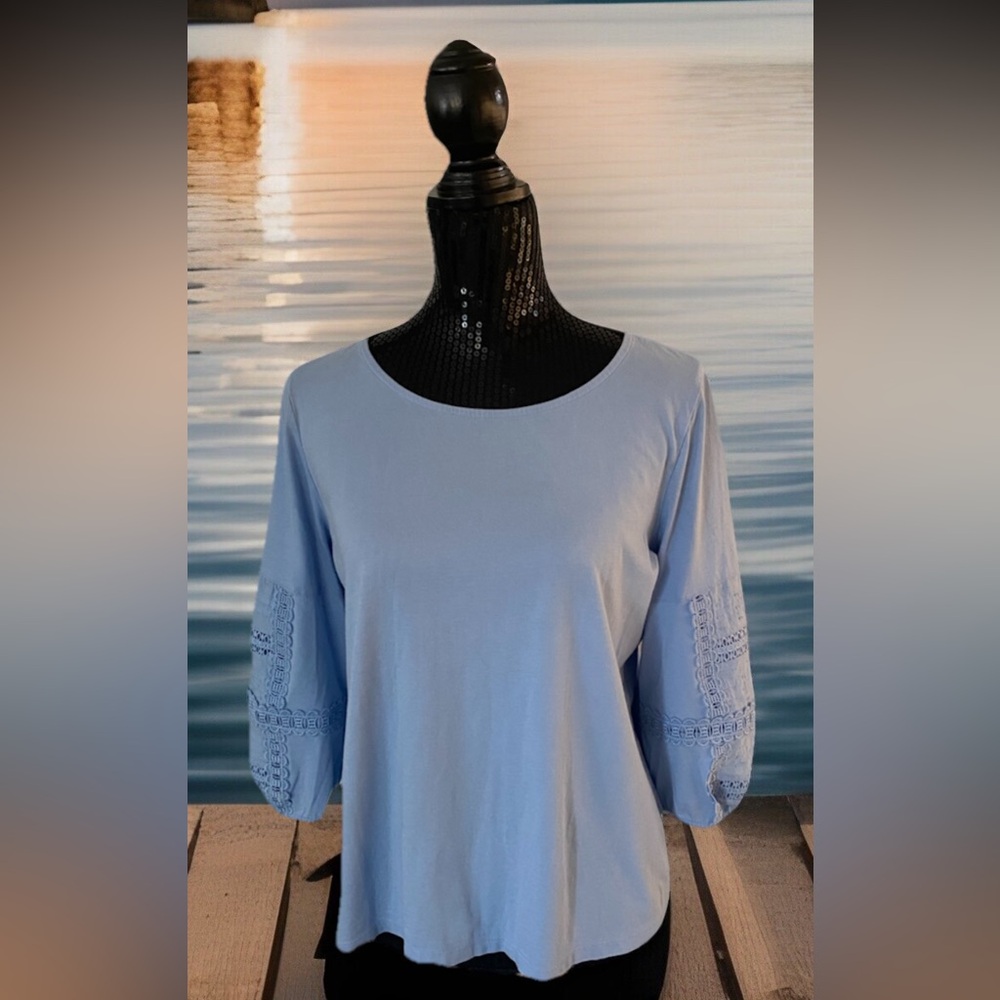 TALBOTS Baby Blue Embroidered Crochet Trim 3/4 Sleeve Cotton Blouse Large Petite